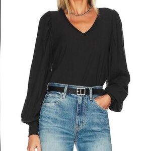 Nation LTD Tabitha Black V-Neck Top. Pima Cotton. Ballon Sleeve. Size Small.
